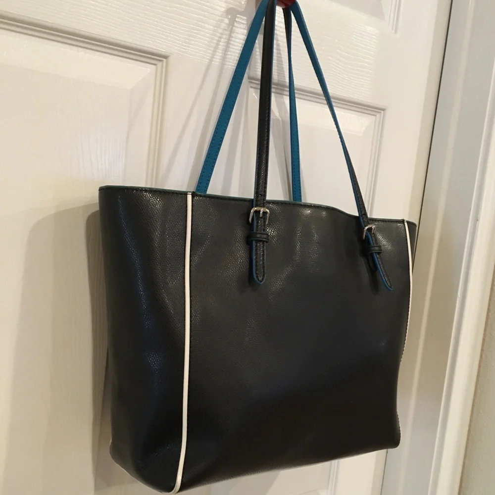 Coach Turnlock Tote bag Edgestain Leather Black Teal Turquoise L Handbag 38323 - Picture 5 of 16